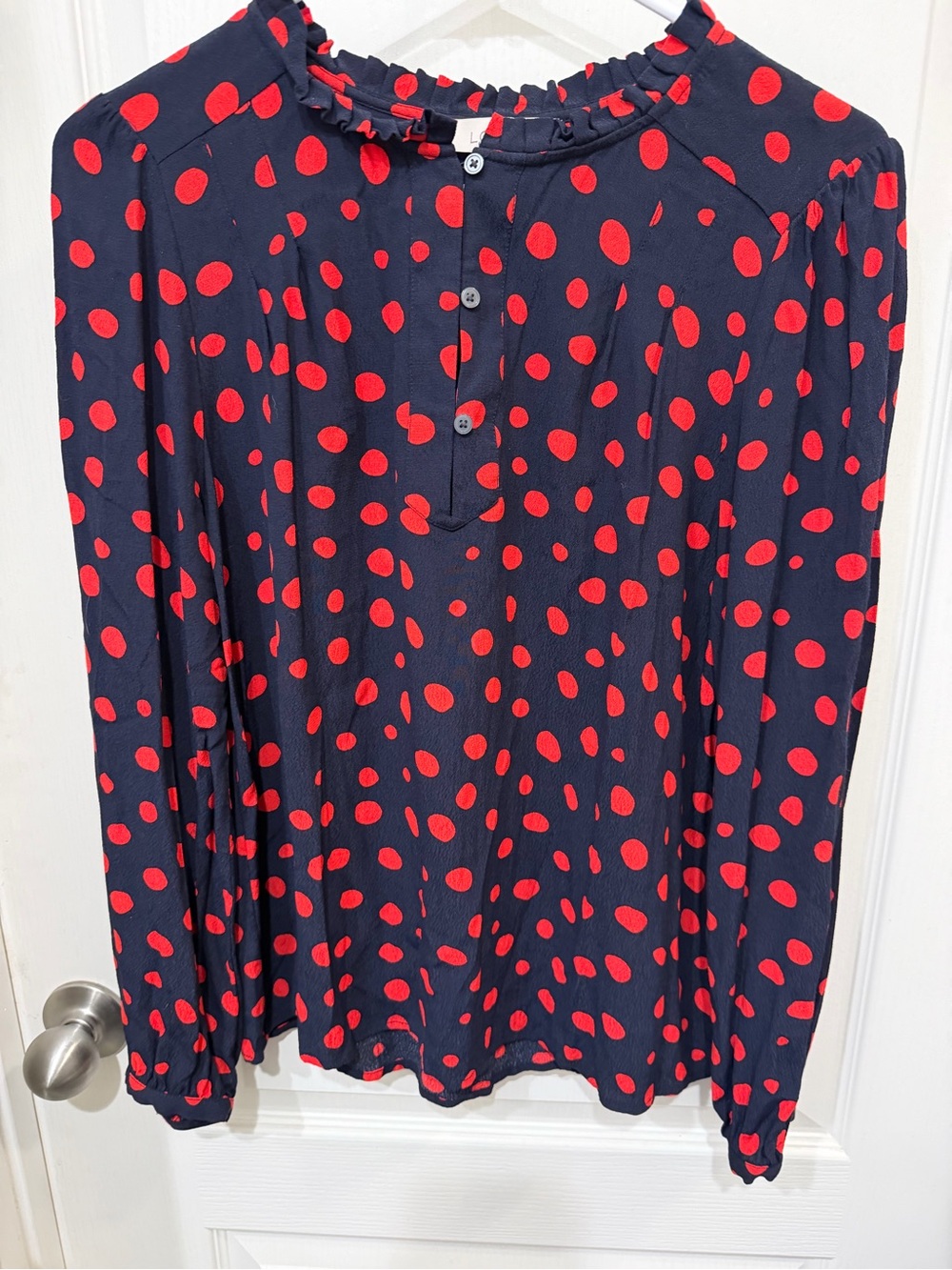 LOFT Women’s L Navy Red Polka Dot Ruffle Neck Long Sleeve Popover Blouse